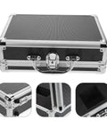 Portable Aluminum Tool Storage Case With Handle For DIY Projects And Home Use, featuring durable black exterior and metal corners.