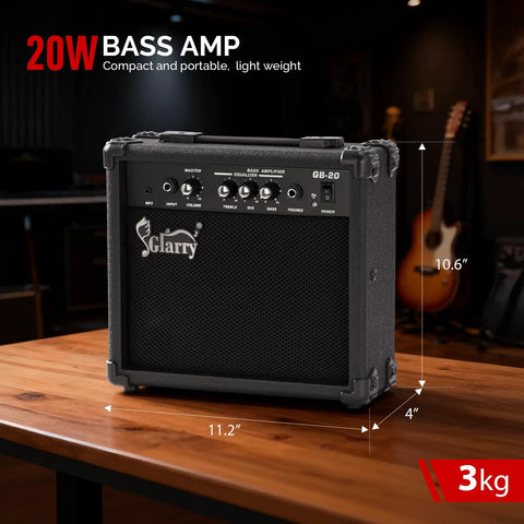 Portable 20W Bass Combo Amp With Headphone And MP3 Aux Input Practice Ready Bass Guitar Amplifier in a studio setting