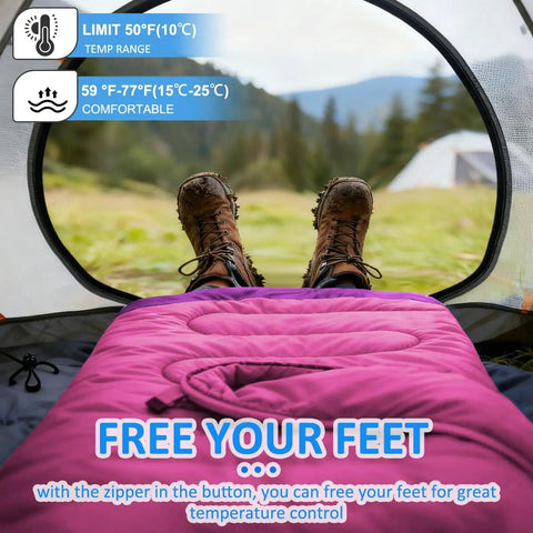 All Season Camping Sleeping Bag for Adults and Kids, Lightweight and Waterproof, warm in tent with forest view through door
