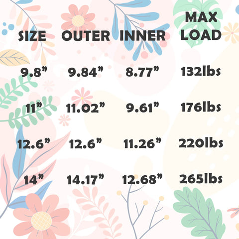 Table showing sizes, outer and inner diameters, and max load for plant caddies including 11 Inch Heavy Duty Plant Caddie with 176 lb capacity.