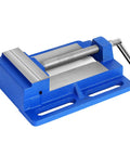 3 Inch Heavy Duty Drill Press Vise Portable Bench Clamp With Slotted Base And Serrated Steel Jaws Rock Solid Cast Iron Construction, blue cast iron design.