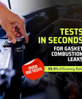 Hand using Head Gasket Leak Tester Kit With Universal Radiator Adapter, Over 100 Tests, All In One Combustion Leak Detector