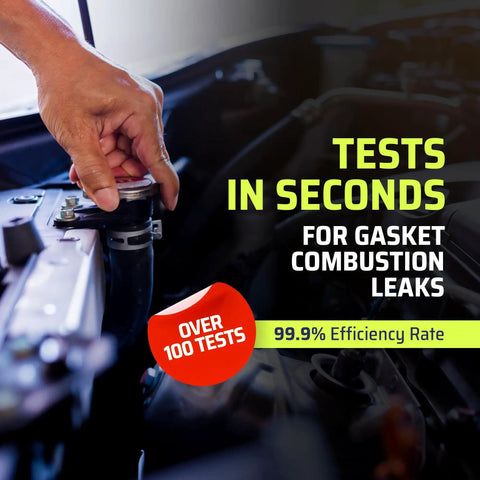 Hand using Head Gasket Leak Tester Kit With Universal Radiator Adapter, Over 100 Tests, All In One Combustion Leak Detector