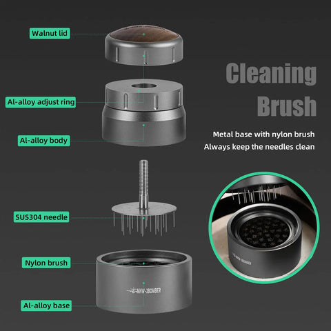 58mm Espresso Coffee Distributor Tool For Even Dosing With 22 Needle Layout Adjustable Depth Grey metal and nylon components