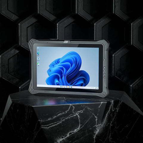 Badass Rugged Windows 11 Tablet Built Tough With Solid Mil Spec Armor 12 Inch Hd Touchscreen on black backdrop.