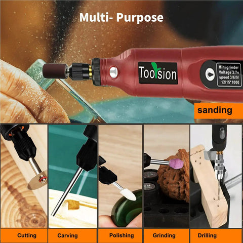 Badass Mini Cordless Rotary Tool With Forty Five Pro Attachments And Fast Usb C Rechargeable Battery Five Quick Speed Settings Sweetly Smooth For Sanding Engraving Polishing Cutting And Your Next Big Diy Build In Bold Red, shown in use for various tasks like sanding and drilling.