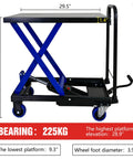Heavy Duty Hydraulic Lift Trolley With Smooth Rolling Locking Wheels And Rock Solid 500 Pound Capacity For Shop Garage Or Warehouse Heavy Hauling Gear side view showing dimensions and lift mechanism.