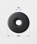 Fender washer, black oxide stainless steel, #8 inner hole, 3/4 in outer diameter, front view