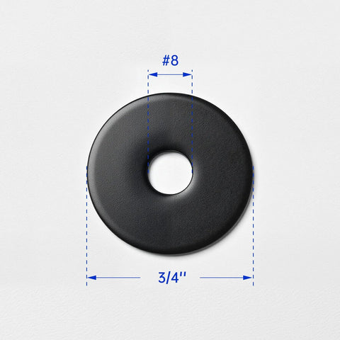 Fender washer, black oxide stainless steel, #8 inner hole, 3/4 in outer diameter, front view