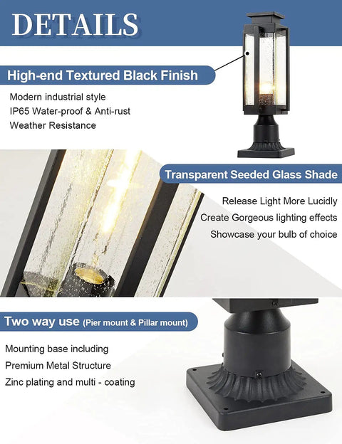 Details of Heavy Duty 18 Inch Outdoor Post Light Lantern With Pier Mount Base, IP65 Waterproof Black Finish And Seeded Glass