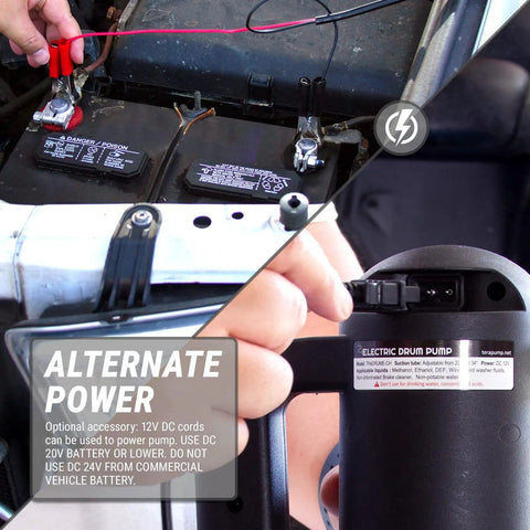 Heavy Duty Electric Drum Pump For 55 Gallon Barrels Delivers Rock Solid Liquid Transfer with battery connections and power options.