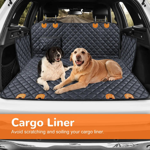 Two dogs sitting on heavy duty waterproof dog car seat cover hammock with side flaps for easy entry, 600D durable, SUV trunk