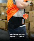 Man wearing ProFlex 1600 Back Support Brace 9 Inch Extra Firm Support with adjustable suspenders in warehouse setting