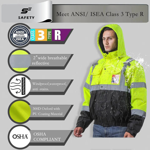 Reflective Hi Vis Bomber Jacket For Men, Waterproof Construction Safety Coat With Pockets And Zipper, Detachable Hood, Class 3 High Visibility Workwear, Black Bottom For Stain Resistance And Everyday Warmth shown on model with features highlighted.