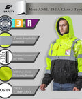 Hi Vis Waterproof Reflective Bomber Jacket For Men With Pockets And Zipper Detachable Hood Black Bottom Contrast Class 3 Safety Gear For Construction And Worksite Rainproof Winter Jacket on display with safety specifications and features.