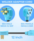 Heavy Duty 50 Amp Welder Adapter Cord 14-50P Male To 6-50R Female, 12-inch cable with right angle plugs, blue connectors.