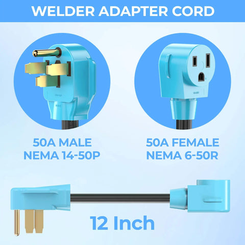 Heavy Duty 50 Amp Welder Adapter Cord 14-50P Male To 6-50R Female, 12-inch cable with right angle plugs, blue connectors.