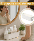 Keepin' Your Drawer Game Strong With These 20 White Plastic Narrow Storage Bins, Multi Purpose Compact Containers That Keep The Entire Household Organized. Small white storage box on bathroom counter.