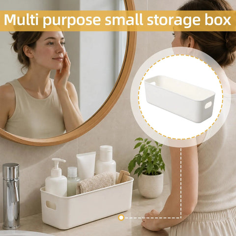 Keepin' Your Drawer Game Strong With These 20 White Plastic Narrow Storage Bins, Multi Purpose Compact Containers That Keep The Entire Household Organized. Small white storage box on bathroom counter.