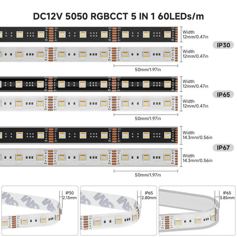 Five Color In One LED Strip Lights With RGBWW And RGB CCT Tunable White From 2700K To 6500K Dimmable 16.4ft 5050 RGB CCT IP Rated