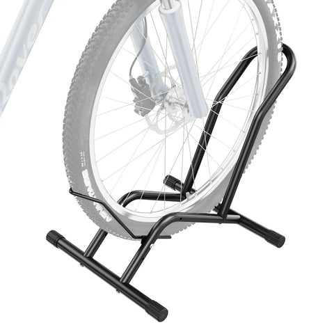 Heavy Duty Indoor Bike Floor Stand Adjustable Single Wheel Rack for Garage with bike tire in black rack