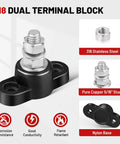Beefy 12V 150A Power Distribution Block With Five Sixteenths Inch Stud M8 Terminal Bus Bar shown with stainless and copper parts