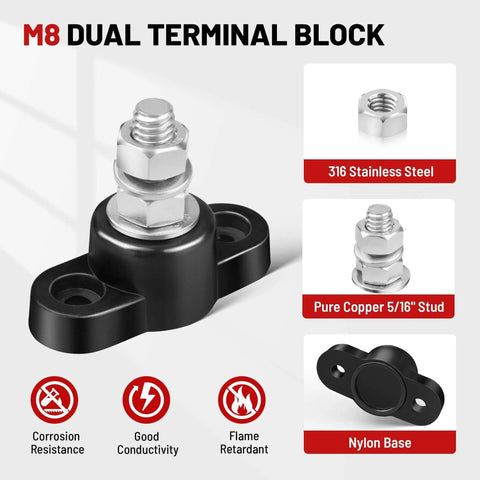 Beefy 12V 150A Power Distribution Block With Five Sixteenths Inch Stud M8 Terminal Bus Bar shown with stainless and copper parts