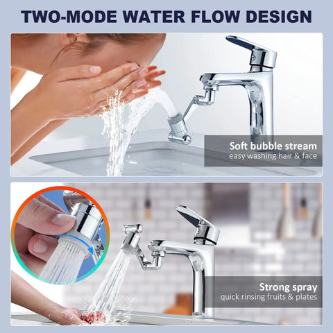 Two Pack 360 Degree Swivel Faucet Extenders With 1440 Degree Robotic Arm Nozzle Universal Sink Water Aerator And 2 Mode Splash Filter Kitchen And Bathroom Rotatable Spray Attachment For Easy Face Hair Teeth Cleaning showing soft bubble stream and strong spray modes