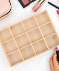 Knockout Solid Wood Jewelry Tray With 12 Grid Compartments, elegant desktop holder for jewelry and beauty items.