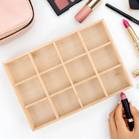 Knockout Solid Wood Jewelry Tray With 12 Grid Compartments, elegant desktop holder for jewelry and beauty items.