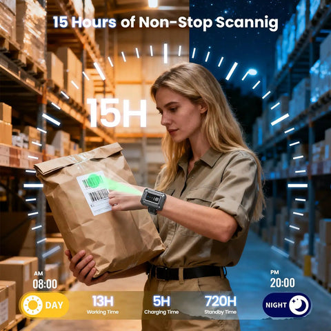 Person using Wristband Wearable Barcode Scanner For Hands Free Scanning Fast 1D 2D Code Capture Pro Grade Portable Bluetooth USB QR Reader For Warehouse Use Compatible With iPhone iPad And Android in a warehouse