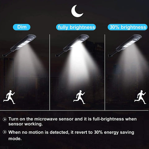 600W Solar Street Light Dusk To Dawn LED With Motion Sensor And Remote, brightness levels at night illustration