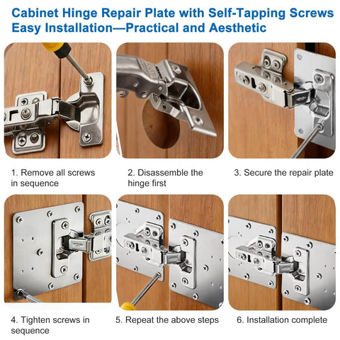 Installation steps of Six Pack Stainless Steel Cabinet Hinge Repair Plates With 36 Self Tapping Screws For Furniture on cabinet.