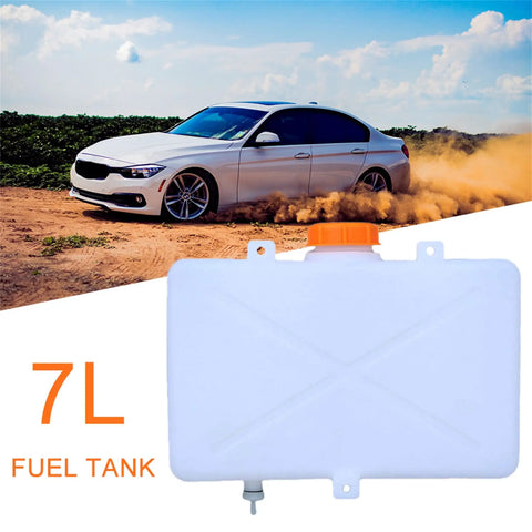 7L Beefed-Up Plastic Gas Fuel Storage Tank With Screw Kit For Boat Car Truck And Van Parking Heaters shown with car background