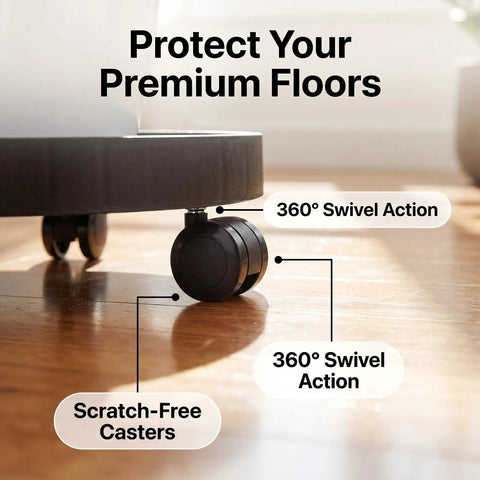 14.2 Inch Round Planter Caddy With Heavy Duty Smooth Gliding Casters, showcasing scratch-free 360° swivel casters on hardwood floor.