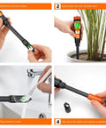 Step-by-step use of Super Easy Soil pH Tester For Gardens And Lawns With Fast Accurate Readings No Slurry Needed No Guesswork Plug In And Test Handy pH Meter For Soil And Water Great For Pots Greenhouses Indoor And Outdoor Plants Farms And Yards image showing soil testing, cleaning, and storage.