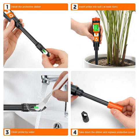 Step-by-step use of Super Easy Soil pH Tester For Gardens And Lawns With Fast Accurate Readings No Slurry Needed No Guesswork Plug In And Test Handy pH Meter For Soil And Water Great For Pots Greenhouses Indoor And Outdoor Plants Farms And Yards image showing soil testing, cleaning, and storage.