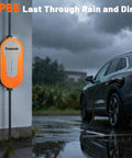 Road Ready Portable Ev Charger Level 1 And 2 With 20 Foot Cord 16 Amp J1772 Plug in rain, charging electric vehicle outdoors.