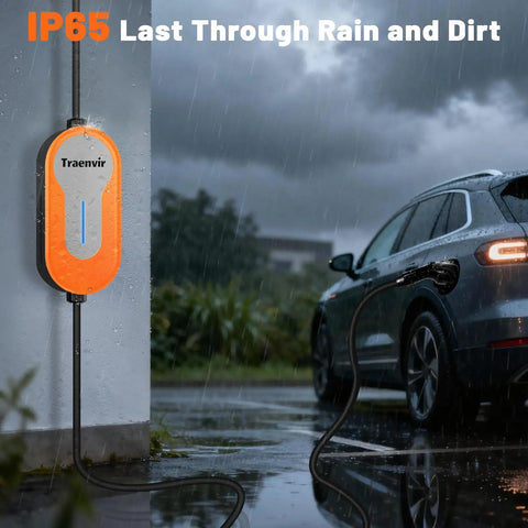 Road Ready Portable Ev Charger Level 1 And 2 With 20 Foot Cord 16 Amp J1772 Plug in rain, charging electric vehicle outdoors.