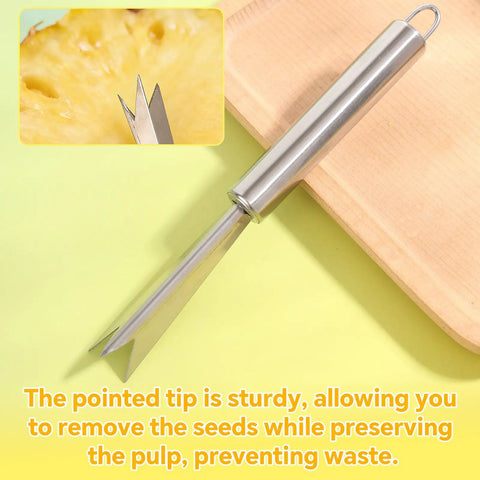 4 Piece Pineapple Eye Remover Kit With Stainless Steel Core Cutter And Peeler Easy Slicer For Kitchen And Home Use demonstrates V cutter.