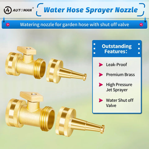 Heavy Duty Brass Hose Nozzle Set With Shutoff Valves And Jet Nozzles, High Pressure Water Sprayer For Garden And Car Wash, Three Quarter Inch GHT