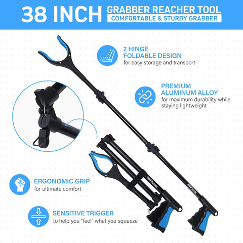 38 Inch Extra Long Grabber Reacher Tool 3 Pack Foldable Reacher Grabber Pickup Tools With 360 Degree Rotating Jaw And Magnet Heavy Duty Pick Up Grabbers For Seniors Trash Cleanup And Recovery