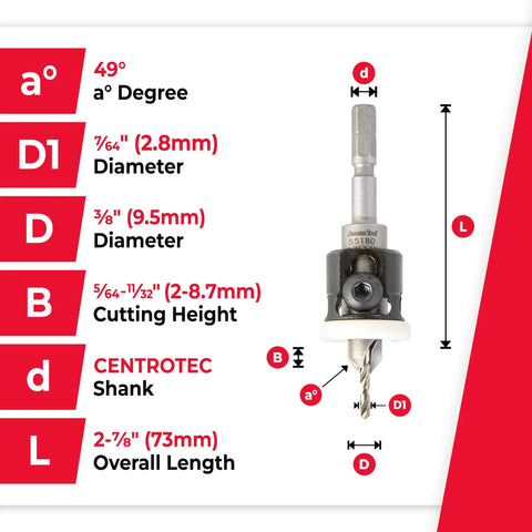 Slick Finishing Carbide Tipped 82 Degree Countersink Drill Bit With Adjustable Revolving Depth Stop dimensions guide.