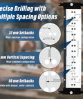 Premium 5MM Shelf Pin Drilling Jig With Adjustable Indexing Guide highlighting 37mm, 32mm, and 50mm spacing options.