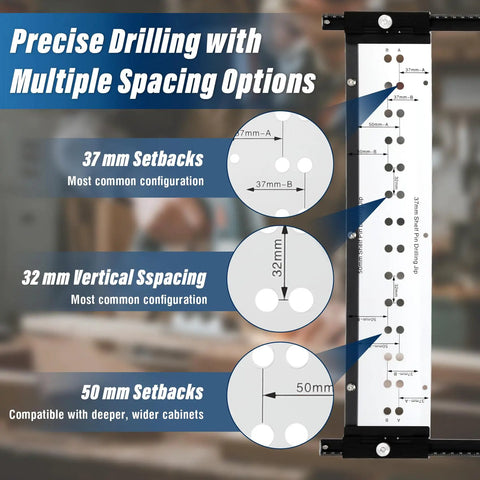 Premium 5MM Shelf Pin Drilling Jig With Adjustable Indexing Guide highlighting 37mm, 32mm, and 50mm spacing options.