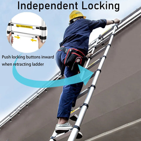 Person climbing Lightweight Aluminum Telescoping Ladder, 14.5 Ft Extension, collapsible with wide anti-slip steps