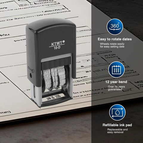 Self Inking Date Stamp Featuring Us Mmm Dd Yyyy Format And Crisp Black Prints For Fast Desk Jobs Or Teacher Marking with a 12 year dial.