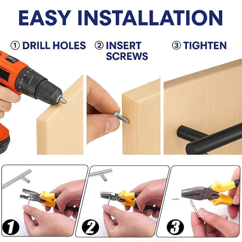 Installation of 15 Pack Black Cabinet Handles 5 Inch Stainless Steel Drawer Pulls with precise hole spacing using drill and screws.