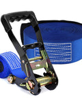 65 Foot Slackline Kit With Premium Ratchet and Complete Set, featuring blue durable polyester line and anti-rust steel hardware.