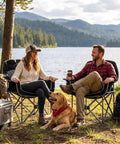 Two people relaxing in Two Pack Oversized Padded Camping Chair Heavy Duty Quad Fold Arm Chair Portable For Outdoor Use